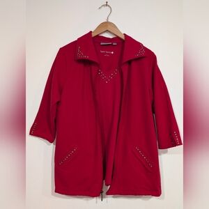 Women's LG 3-Piece Red Crop Leg Jogger Jacket T-shirt Set with Studded Details